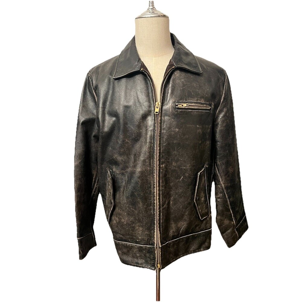 Vtg GAP Men’s L Distressed Brown Leather Jacket Sherpa Lining 90s Retro Y2K Coat